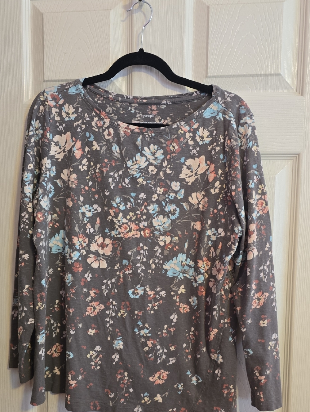 Floral Long Sleeve Tee — Gray with Blue and Pink Accents